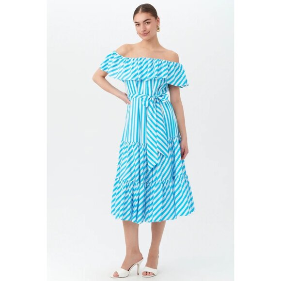 Trina Turk NWT‎ Salima 2 Midi Off-The-Shoulder Dress in Blue Stripe Size Large - Picture 2 of 12